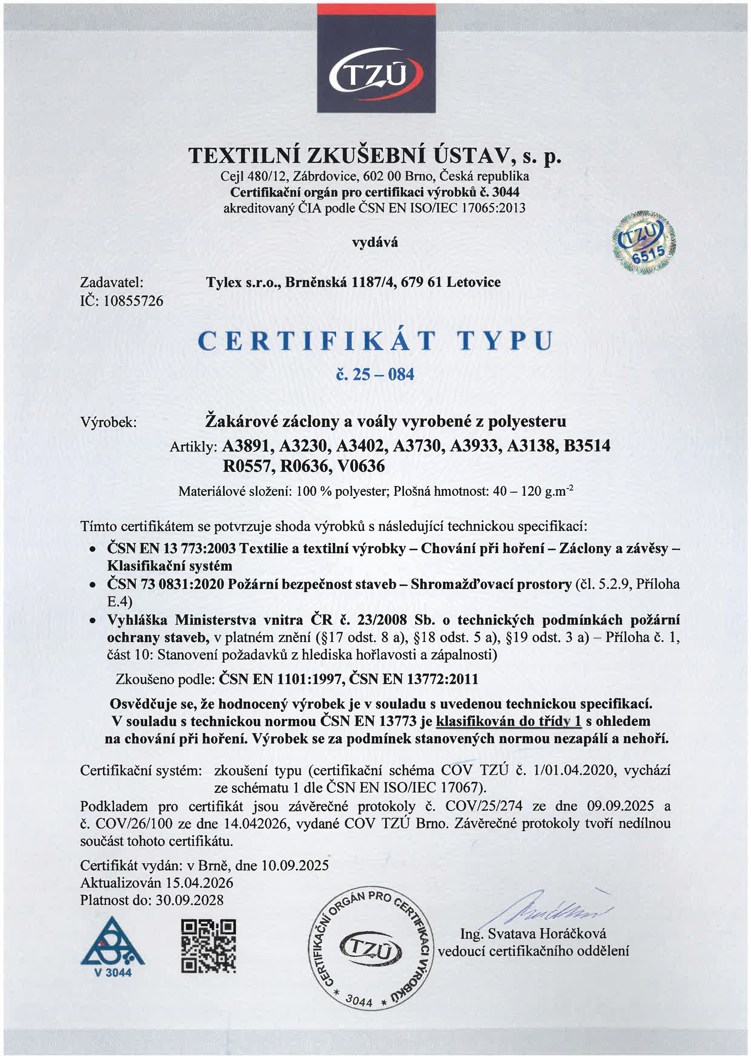 TZU certifikát nahořlavosti